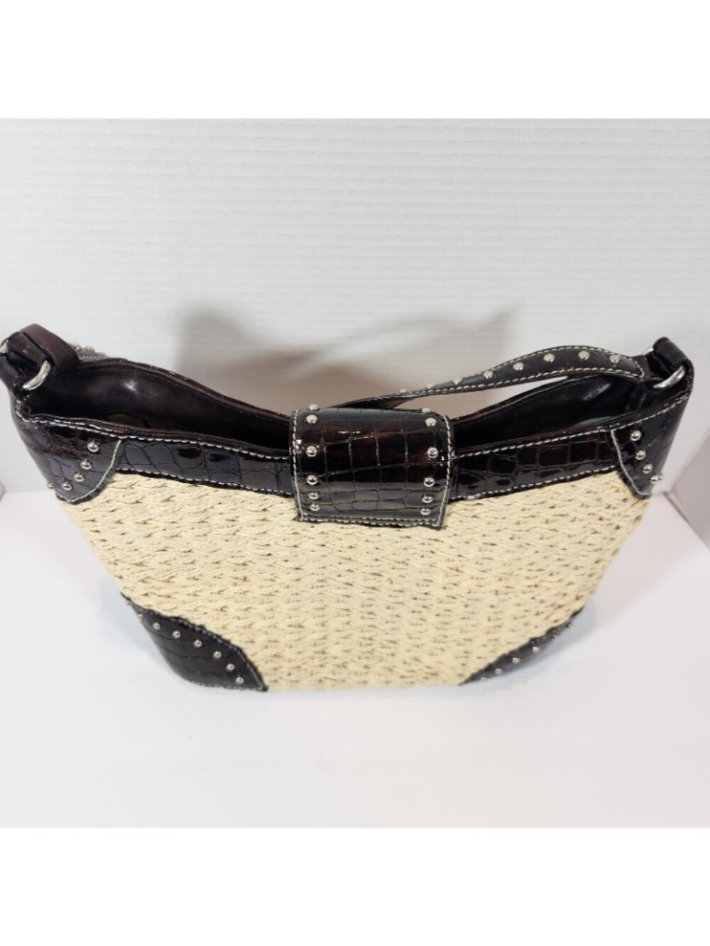 Brighton Woven Tan Straw Studded Brown Leather Handbag Purse Bag DEFECT STRAP - Picture 6 of 16